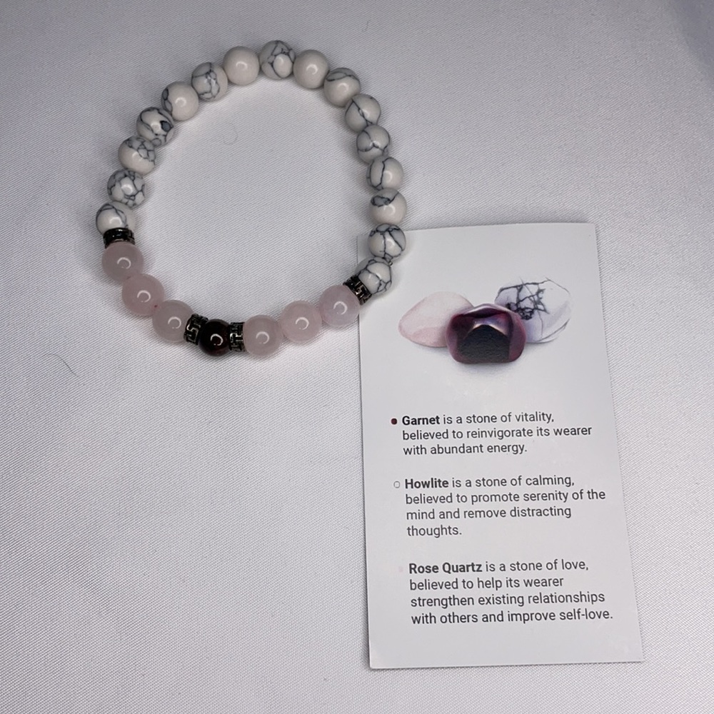 New Crystal Garnet Howlite Rose Quartz Stretch Bracelet Medium - Picture 3 of 6